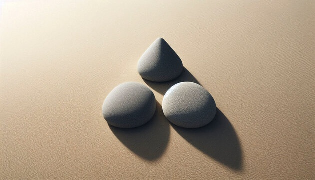 Three river stones in a triangle on sand, Ai generated image