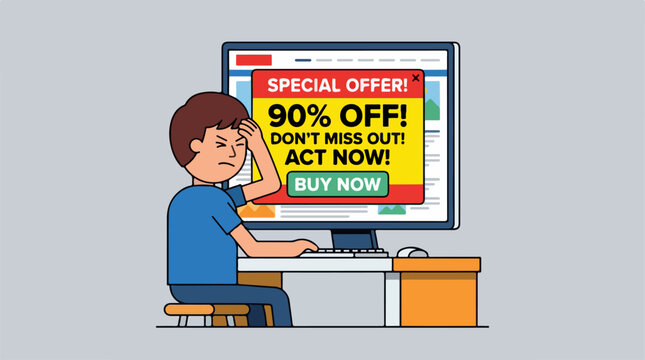 Stressed man overwhelmed by intrusive pop up advertisement on computer screen.