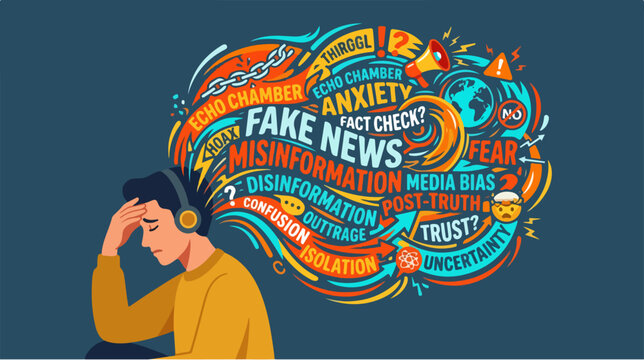 Stressed man overwhelmed by fake news and digital media misinformation.