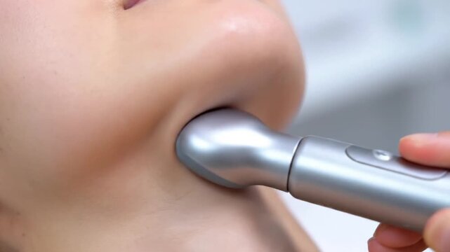 Close-Up Of A Woman Receiving Facial Treatment With Silver Device In Modern Spa Setting