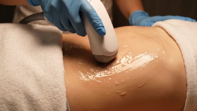 Close-Up of Aesthetic Treatment Using Ultrasound Device on Client's Midsection for Skin Rejuvenation and Body Therapy