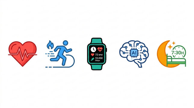Fitness tracking icons set including heart rate running smartwatch brain activity and sleep schedule on white background for healthy lifestyle and technology concept