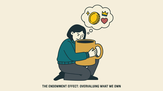 Woman clinging to a mug illustrating the psychological concept of the endowment effect.