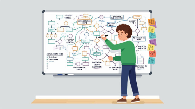 Young man drawing a complex flowchart on a white board.