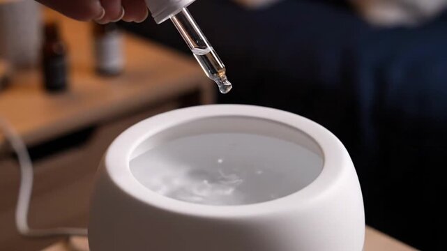 Close-Up of Hand Adding Essential Oil With Dropper To Modern Diffuser in Relaxing Home Environment for Aromatherapy Wellness