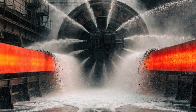 Dynamic medium shot capturing edge spray nozzles on rotating mill descaler blasting scale off redhot slabs ensuring smooth metal finishing process.