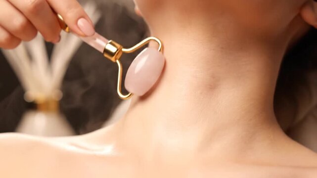 Close-Up of Hand Using Rose Quartz Facial Roller on Neck for Skincare Routine in Luxury Spa Setting