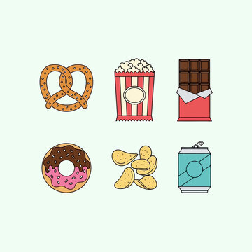 Colorful icons of tasty snacks and treats.