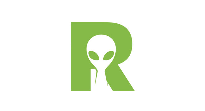 Green letter R logo with alien head negative space