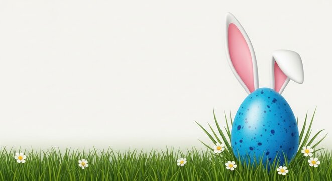 A blue easter egg with bunny ears in the grass illustration