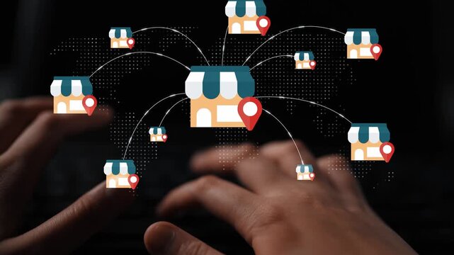 Digital marketing concept showing small shops with location pins connecting through network, representing online business growth and local search optimization Gluon.