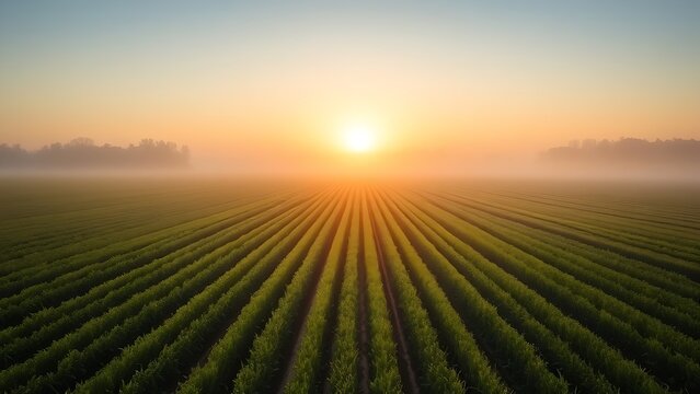 sedition. Early morning farmland with straight furrows under misty golden light. travel magazines, destination branding, designed for travel destination branding, used by ngo communicators.