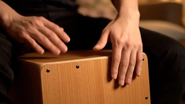 Close-Up Of Hands Playing Wooden Caj?n Instrument In Cozy Indoor Setting, Creating Rhythmic Beats For Artistic Expression
