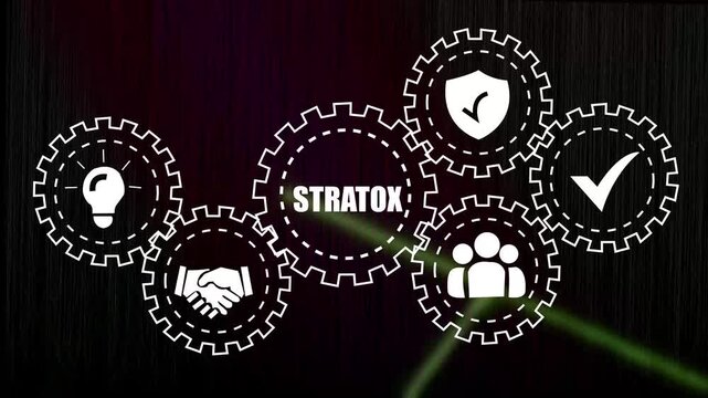 Dynamic business strategy concept featuring interlocking mechanical gears with representing innovation, teamwork, security, and success for corporate presentations and