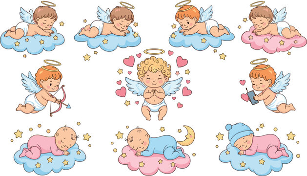 Adorable Cherub Angels with Halos, Wings, and Baby Poses on Cloud Pillows, Featuring Stars, Hearts, and Love Themes