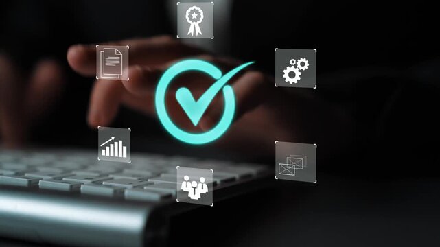 Hand using computer keyboard with digital symbols illustrating success, efficiency, teamwork, and business growth in modern workspace environment Gluon.
