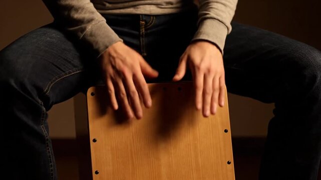Close-Up Of Male Hands Playing Wooden Caj?n Drum In A Softly Lit Room, Capturing Musical Creativity And Rhythm