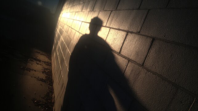 A mysterious shadow of a person looms large on a brick wall at night with a single light source casting an ominous glow