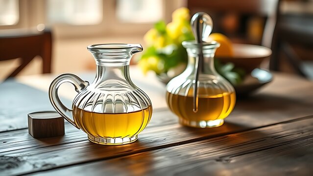 cruet. A classic glass cruet set with olive oil and vinegar on a rustic wooden table. menu design, packaging mockups, designed for culinary blogs and recipe cards for restaurants.