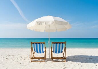 Fototapeta premium Serene beach escape two wooden chairs and a white umbrella under a bright blue sky perfect for relaxation