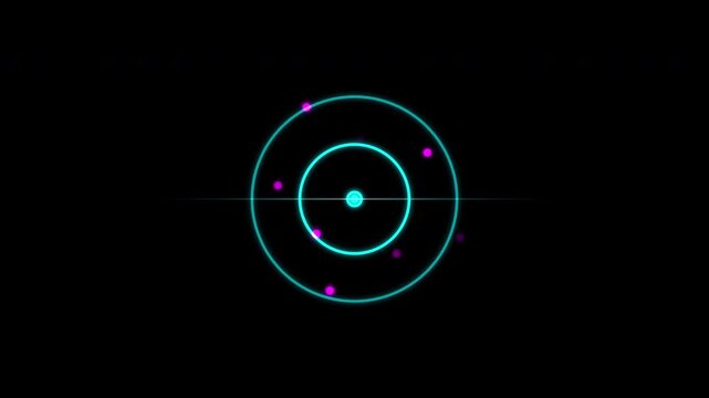 Seamless 2D motion graphic: glowing cyan sonar pulse, concentric circles expanding digitally. Futuristic radar scanner interface vibrant against solid black background.