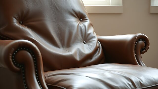 indented. Aged brown leather armchair with a deep seat indentation, soft window light. lifestyle magazines, social media lookbooks, designed for influencer and brand collaborations.
