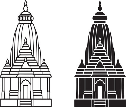 Traditional Indian Hindu Mandir Temple Line Art and Silhouette Icon Vector