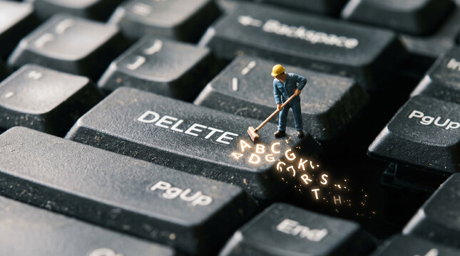 Miniature worker sweeping letters on delete key of computer keyboard.