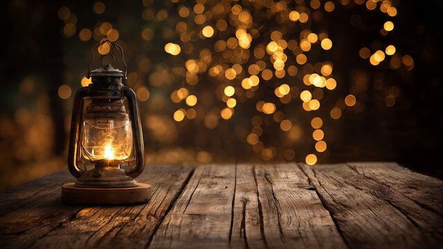 Vintage lantern on rustic wooden table with bokeh lights in background