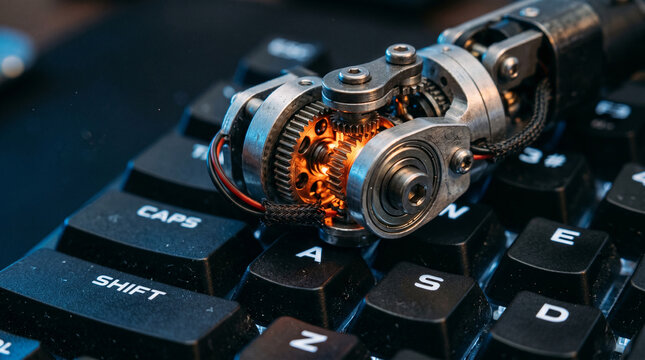 Intricate mechanical gears moving inside robotic hand on computer keyboard.