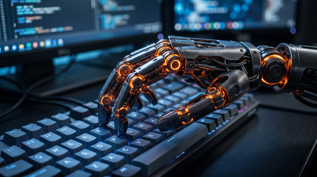 Complex metal robotic hand interacting with modern computer keyboard layout.