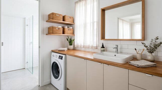 Bright and modern Scandinavian-style laundry room and bathroom combination with a minimalist design, featuring a washing machine, wooden countertop, sink, large mirror, and organized storage shelves.