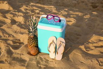 Beach cooler, accessories and fruits on sand © Pixel-Shot