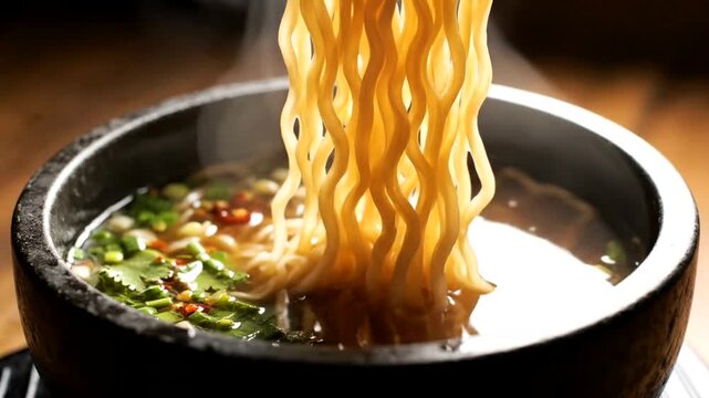 Close up of steaming hot ramen noodles being lifted with chopsticks from a stone bowl.