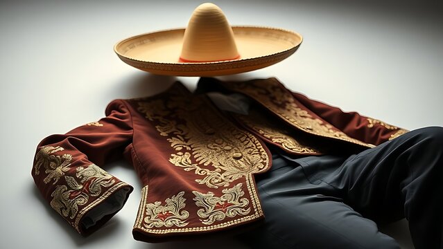 charro. A lavish Charro suit with gold embroidery, jacket, trousers, and sombrero. event programs, museum guides, designed for cultural heritage projects and event programs, preserves heritage.