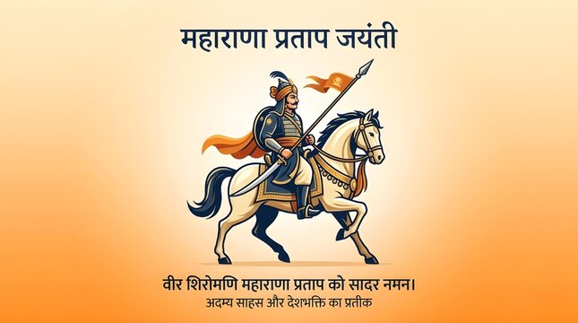 Maharana Pratap Jayanti Celebration Illustration, Brave Rajput King on Horseback with Spear and Crown Symbol, Traditional Tribute to the Warrior Hero of Mewar