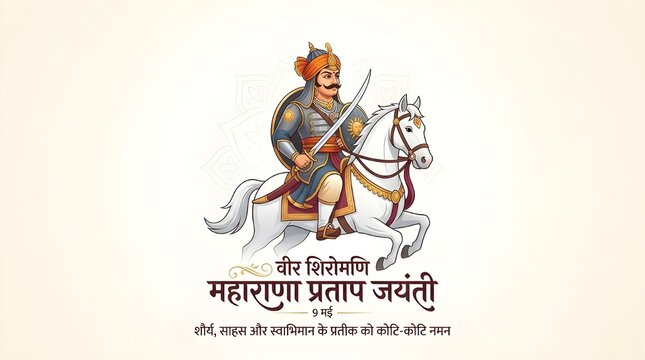Maharana Pratap Jayanti Celebration Illustration, Brave Rajput King on Horseback with Spear and Crown Symbol, Traditional Tribute to the Warrior Hero of Mewar