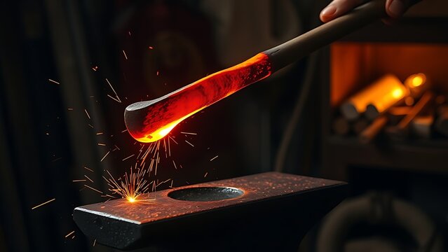 redhot. A red-hot iron bar being forged into a horseshoe shape on an anvil, sparks flying. safety posters, maintenance manuals, designed for industrial assembly lines and welding operations.