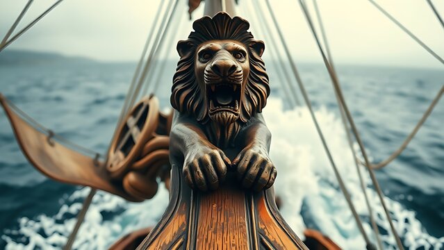 figurehead. A majestic lion figurehead adorns the prow of a sailing ship, weathered wood against ocean waves. wildlife magazines, conservation campaigns, designed for eco-tourism storytelling.