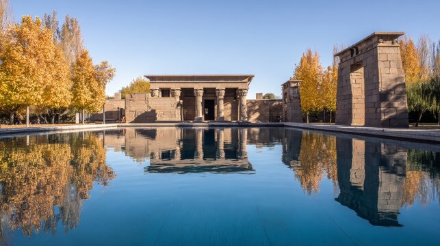 Ancient Temple of Debod in Madrid with reflecting pool, historical stone architecture, symmetrical reflection, autumn foliage, blue sky, pylon gates and tranquil landmark scenery in Spain