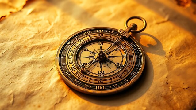 astrolabe. Ancient brass astrolabe resting on aged parchment with warm golden lighting. event programs, museum guides, designed for cultural heritage projects and event programs.