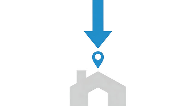 Graphic icon showing precise home location, a downward arrow pointing to a map pin above a house, ideal for delivery, navigation, or address services