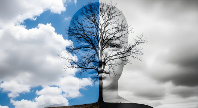 Surreal conceptual portrait of a human face blended with a tree silhouette against a split sky background