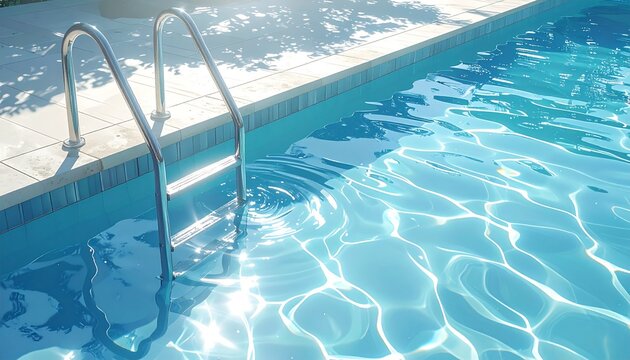 屋外プールで水面とはしごが輝く風景イラスト