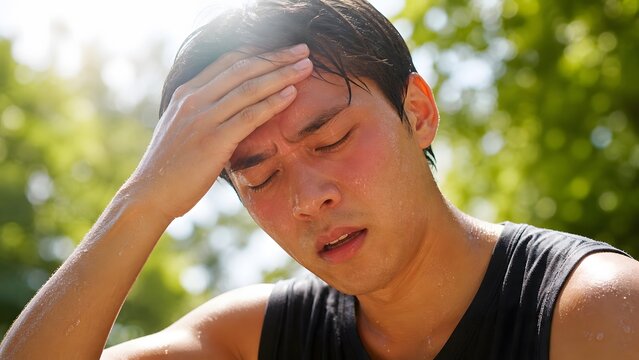 Close Up of Sweaty Young Man With Heat Exhaustion Outdoors