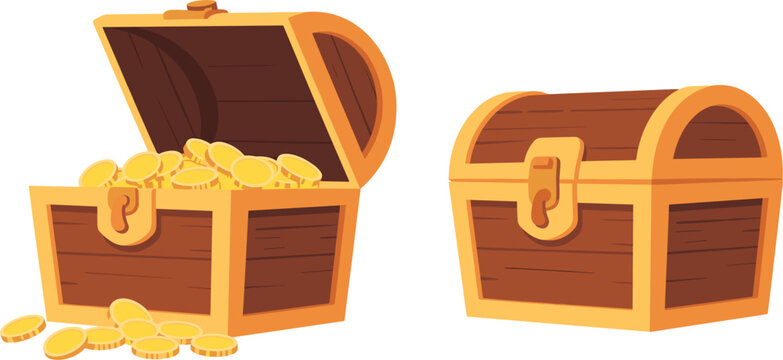 Treasure chests with gold coins open and closed wooden pirate chest illustration