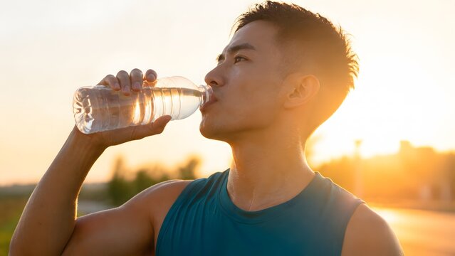 Man Drinking Water After Workout During Golden Hour Heatwave