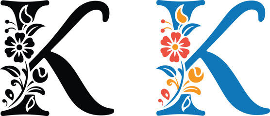 Decorative letter K with floral ornament elegant typography initial vector illustration design © Masud