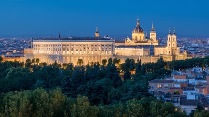 Naklejka premium Madrid cityscape at twilight featuring Royal Palace and Almudena Cathedral, illuminated neoclassical architecture, domes, skyline, trees and historic urban landscape in Spain