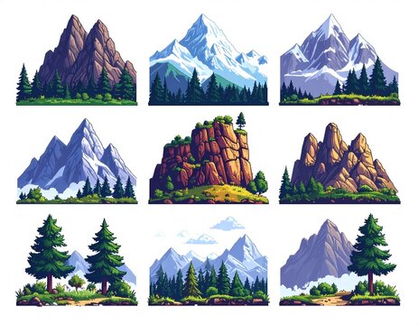 Mountain landscape pixel art icons set with trees, snow peaks, nature scenery, vector illustrations for games and design